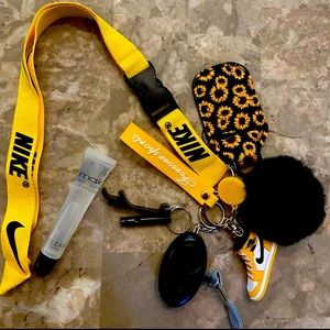 Girls safety keychain lanyard lipgloss pompom set